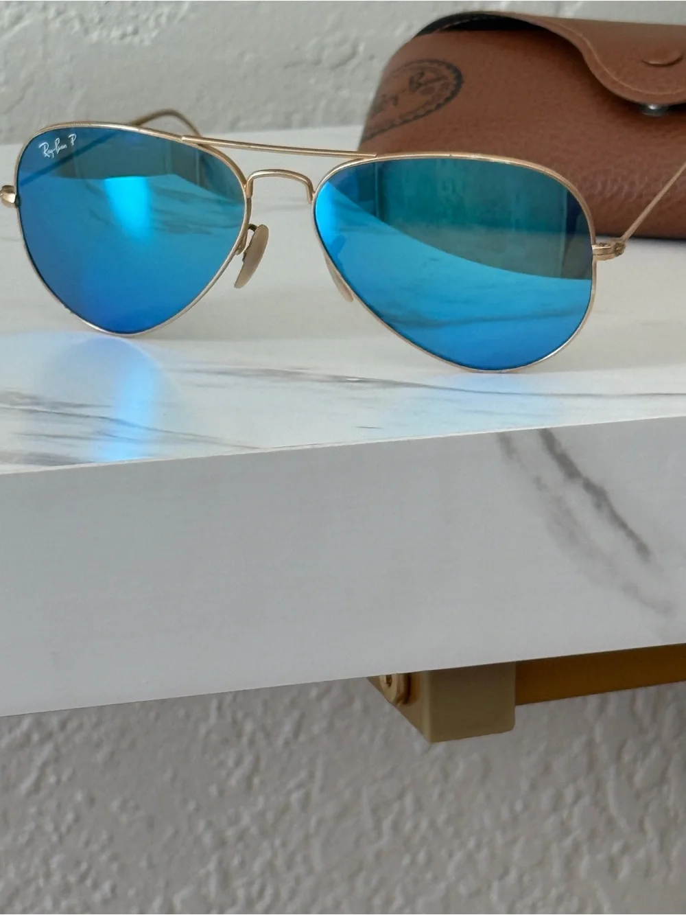 Ray-Ban Gold Frame Aviator Sunglasses with Blue Mirrored Lenses